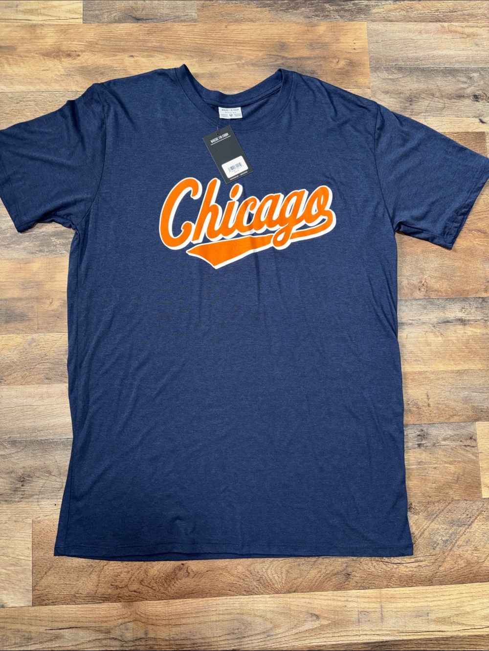 Chicago Script Short Sleeve Tee - Navy with Orange Logo | Men’s XL